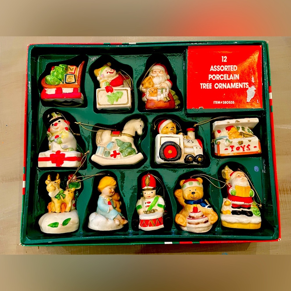 Vintage Ornaments Porcelain SET 12 BOX Made in Taiwan Angel Bear Santa Toys